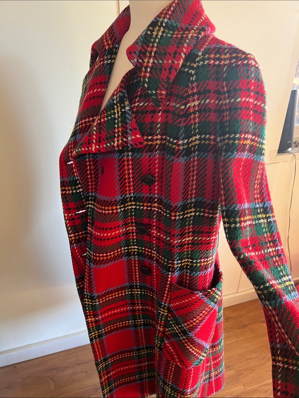 Vintage Red Plaid Double-Breasted Warm Irish Wool Coat - Picture 11 of 15